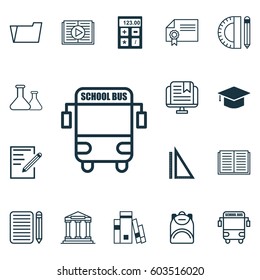 Set Of 16 Education Icons. Includes Paper, Measurement, Library And Other Symbols. Beautiful Design Elements.
