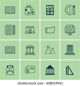Set Of 16 Education Icons. Includes Education Tools, Document Case, Opened Book And Other Symbols. Beautiful Design Elements.