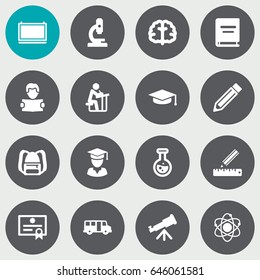 Set Of 16 Education Icons Set.Collection Of Binoculars, School Autobus, Microbiology And Other Elements.