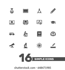 Set Of 16 Education Icons Set.Collection Of Academic Hat, Binoculars, Drawing Tool And Other Elements.