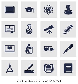 Set Of 16 Education Icons Set.Collection Of Certificate, Notebook, Molecule And Other Elements.