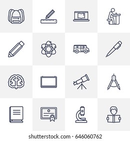 Set Of 16 Education Outline Icons Set.Collection Of Pencil, Ruler, Compass And Other Elements.