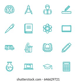 Set Of 16 Education Outline Icons Set.Collection Of Atom, Pencil, Compass And Other Elements.