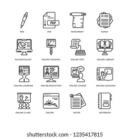 Set Of 16 Elearning and education linear icons such as Notebook, Notes, Online, Online class, online coaching, Pen, Paleontology, learning, test, editable stroke icon pack, pixel perfect