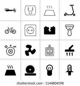Set of 16 electric filled and outline icons such as bulb, car halogen bulb, car broken battery, portable vacuum cleaner, vacuum cleaner, fan, circular saw, warm floor