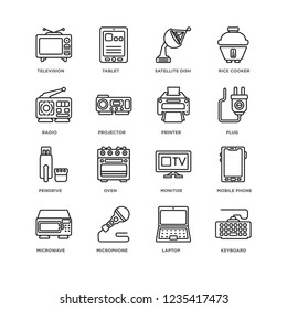 Set Of 16 Electronic Devices linear icons such as Keyboard, Laptop, Microphone, Microwave, Mobile phone, Television, Radio, Pendrive, Printer, editable stroke icon pack, pixel perfect