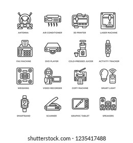 Set Of 16 Electronic Devices linear icons such as Speakers, Graphic tablet, Antenna, Smartband, Smart light, Copy machine, Video recorder, Air conditioner, editable stroke icon pack, pixel perfect