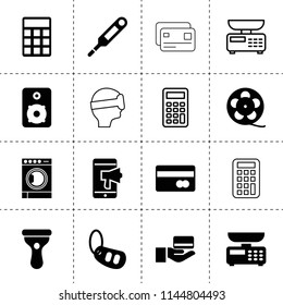 Set of 16 electronic filled and outline icons such as calculator, credit card in hand, car alarm key, film reel, speaker, washing machine, megaphone, electronic thermometer