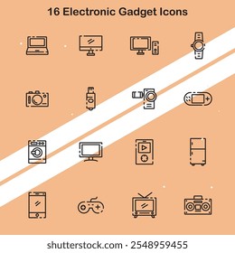 Set of 16 electronic gadget icons representing various tech devices and modern tools.