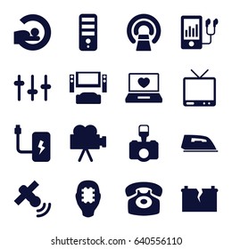 set of 16 electronics filled icons such as iron, cpu, mri, laptop with heart, equalizer, tv, mp3 player, desk phone, camera, broken battery, satellite