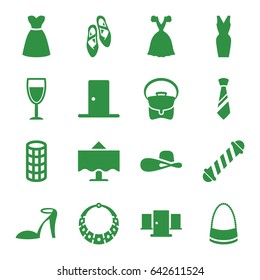 Set of 16 elegance filled icons such as hair curler, heel sandals, bag, dress, woman hat, tie, door, restaurant table, wine glass, ballet shoes