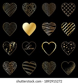 Set of 16 elegant gold hearts on a black background. Vector decor for love, romance, wedding illustration, Happy Valentine's Day greetings, lovely valentines, cover, flyer, poster with shiny hearts.