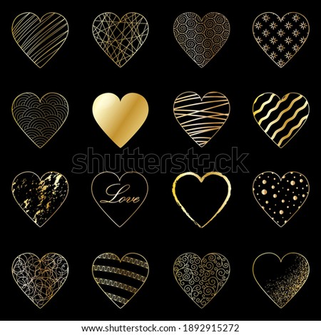 Set of 16 elegant gold hearts on a black background. Vector decor for love, romance, wedding illustration, Happy Valentine's Day greetings, lovely valentines, cover, flyer, poster with shiny hearts.
