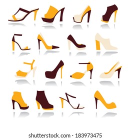 A set of 16 elegant High Heels Women Shoes icons in yellow and brown 