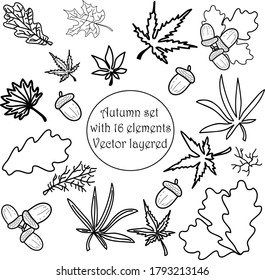 A set of 16 elements, in black and white, vector illustration layered, possible to create  your own Colourful elements for autumn, winter, summer and spring topics