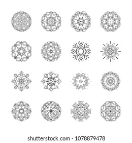 A set of 16 elements of a circular pattern. Logo design, sign, emblem on a light background. Vector illustration