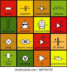 a set of 16 elements of the electrical circuit. A colorful background. Background for books and articles on the subject of technology and electricity. Vector Illustration