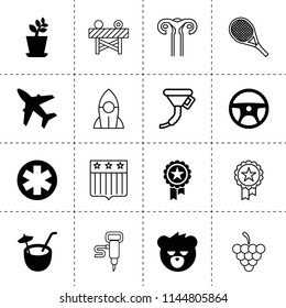 Set of 16 emblem filled and outline icons such as plant, steering wheel, bear, medal, medical, coconut cocktail, plane, grapes, funnel, road barrier, jackhummer, rocket