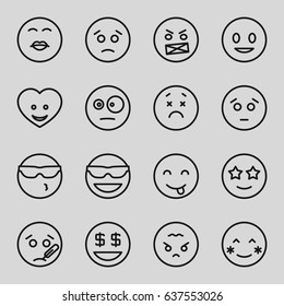 set of 16 emoticon outline icons such as heart face, smiling emot, blush, emot in sun glasses, happe emoji with star eyes, dollar smiley
