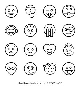 Set of 16 emoticon outline icons such as smiling emot, sad emot, emoji showing tongue, emoji, crying emoji, alien head