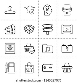 Set of 16 empty outline icons such as wheelbarrow, car battery, car broken battery, key hole in head, play movie, chair, music folder, frame, shopping bag, shopping basket