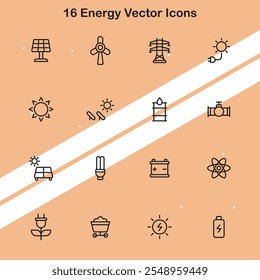 Set of 16 energy vector icons representing various energy sources and power symbols.