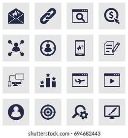 Set Of 16 Engine Icons Set.Collection Of Marketing, Columns, Click And Other Elements.