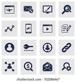 Set Of 16 Engine Icons Set.Collection Of Click, Movie, Password And Other Elements.