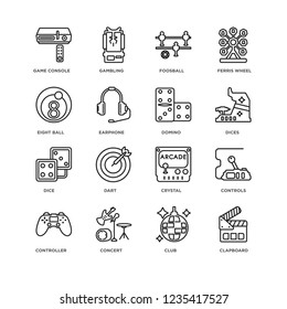 Set Of 16 Entertainment and Arcade linear icons such as Clapboard, Club, Concert, Controller, Controls, Game console, Eight ball, Dice, Domino, editable stroke icon pack, pixel perfect