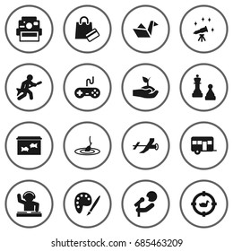 Set Of 16 Entertainment Icons Set.Collection Of Telescope, Target, Disco And Other Elements.