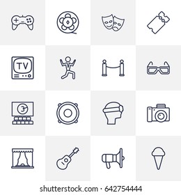 Set Of 16 Entertainment Outline Icons Set.Collection Of Tv Set, Vr Helmet, Theater And Other Elements.