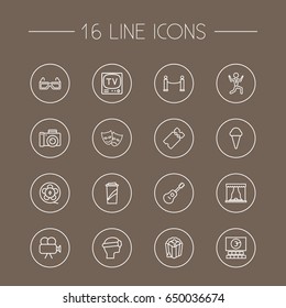 Set Of 16 Entertainment Outline Icons Set.Collection Of 3D Glasses, Tv Set, Masks And Other Elements.