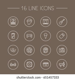 Set Of 16 Entertainment Outline Icons Set.Collection Of Cinema, Ticket, Photo Camera And Other Elements.