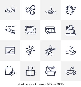 Set Of 16 Entertainment Outline Icons Set.Collection Of Photography, Puzzle, Reading And Other Elements.