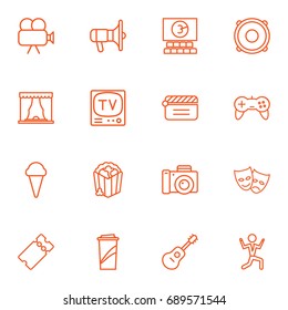 Set Of 16 Entertainment Outline Icons Set.Collection Of Dancing Man, Game Controller, Soft Drink And Other Elements.