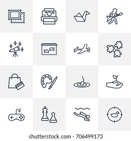 Set Of 16 Entertainment Outline Icons Set.Collection Of Origami, Puzzle, Aeromodeling And Other Elements.