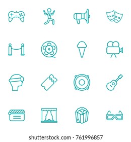 Set Of 16 Entertainment Outline Icons Set.Collection Of Game Controller, Film Role, Popcorn And Other Elements.