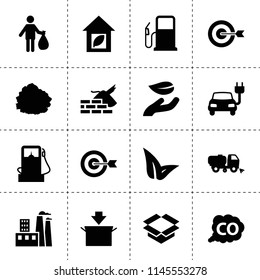 Set of 16 environment filled icons such as leaf in hand, target, leaf, man with garbage, sweeper truck, package, gas station, garbage stock, factory, electric car, co gas