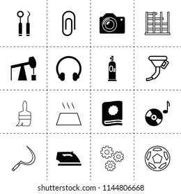 Set of 16 equipment filled and outline icons such as construction crane, clip, iron, music disc, headphones, camera, dentist tools, catalog, oxygen scuba, sickle, gear, funnel