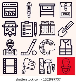 Set of 16 equipment outline icons such as tool, carpenter, dossier, cutter, dishwasher, rickshaw, shovel, palette, notepad, workbench, fishing vest, film, hockey sticks