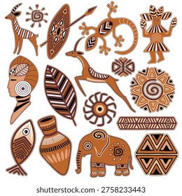 Set of 16 Ethnic and Tribal Vector Icons and Symbolic African Decorative Design Elements. Elephant, gazelle, gecko lizard, jar, sun, and other abstract vector EPS editable emblems
