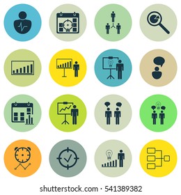 Set Of 16 Executive Icons. Includes Approved Target, Presentation Date, Group Organization And Other Symbols. Beautiful Design Elements.
