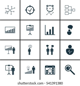 Set Of 16 Executive Icons. Includes Project Analysis, Bar Chart, System Structure And Other Symbols. Beautiful Design Elements.