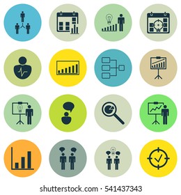 Set Of 16 Executive Icons. Includes Report Demonstration, Project Targets, Project Analysis And Other Symbols. Beautiful Design Elements.