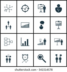 Set Of 16 Executive Icons. Includes Project Analysis, Reminder, Approved Target And Other Symbols. Beautiful Design Elements.