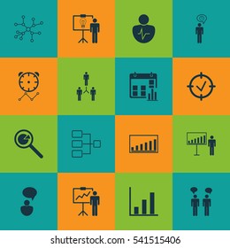 Set Of 16 Executive Icons. Includes Solution Demonstration, Project Presentation, Conversation And Other Symbols. Beautiful Design Elements.