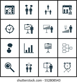 Set Of 16 Executive Icons. Includes System Structure, Approved Target, Decision Making And Other Symbols. Beautiful Design Elements.