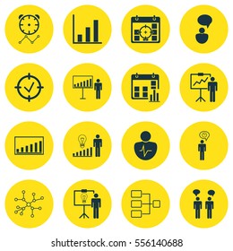 Set Of 16 Executive Icons. Includes Project Targets, Project Presentation, Team Meeting And Other Symbols. Beautiful Design Elements.