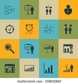 Set Of 16 Executive Icons. Includes Special Demonstration, Solution Demonstration, Project Targets And Other Symbols. Beautiful Design Elements.