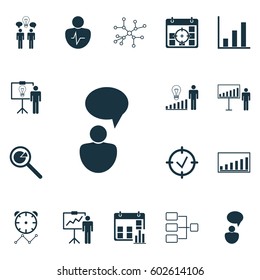 Set Of 16 Executive Icons. Includes Company Statistics, Solution Demonstration, Opinion Analysis And Other Symbols. Beautiful Design Elements.